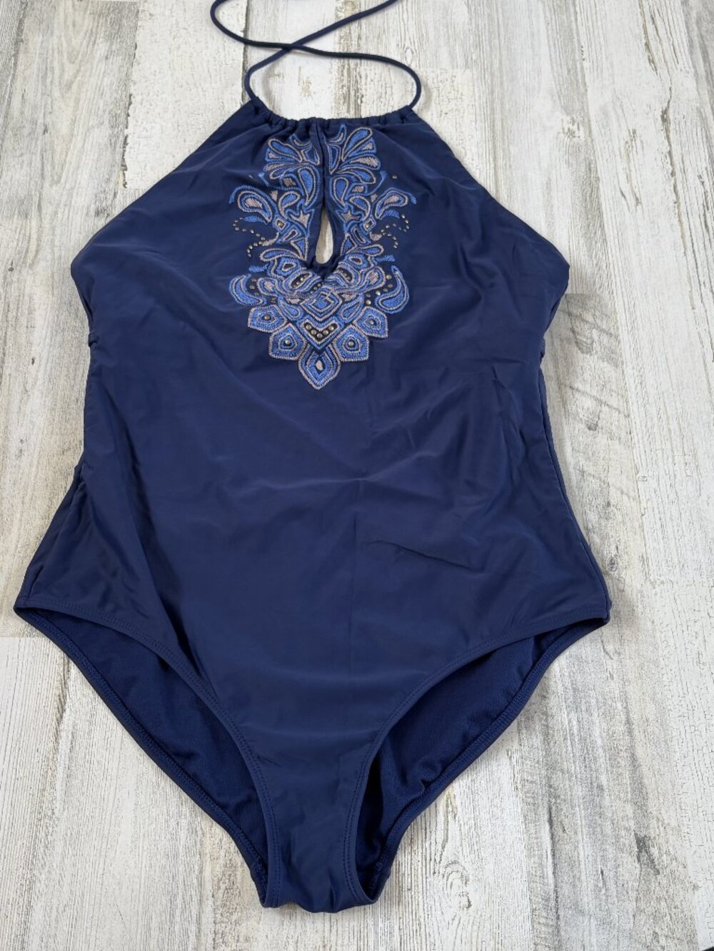 Knox Rose Women's Size Large Keyhole Halter One Piece Swim Navy Bathing Suit